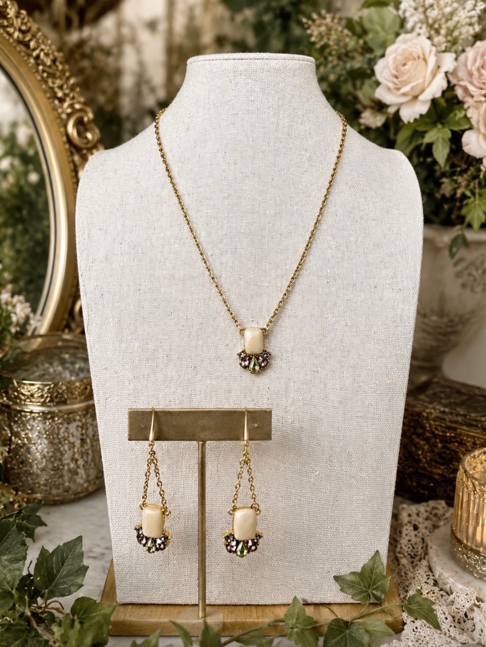 Gold-Tone Cream Pendant Necklace and Earring Set - Picture 2 of 5